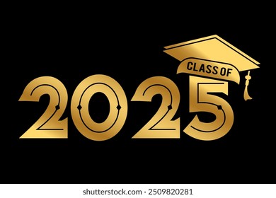 Hand drawn text illustration for class of 2025 graduation with gold color, class of 2025 badge.