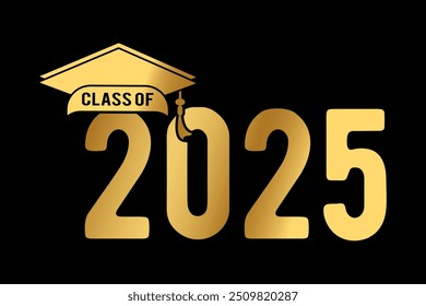 Hand drawn text illustration for class of 2025 graduation with gold color, class of 2025 badge.