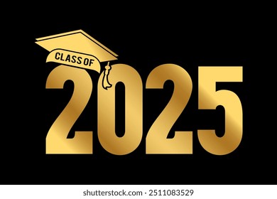 Ilustração de texto desenhada à mão para a classe de graduação de 2025 com cor dourada, emblema da classe de 2025.