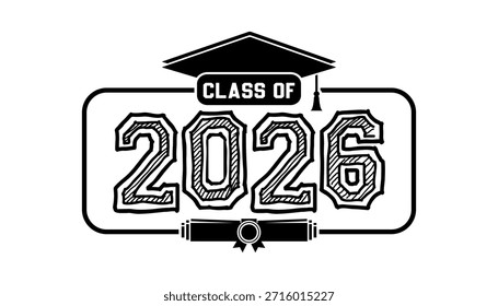 Ilustración de texto dibujado a mano para la clase de graduación de 2026, clase de Vector de insignia de 2026.