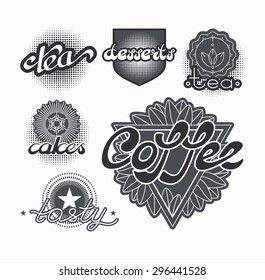 Hand drawn text labels for tea, coffee and sweets. Cakes and desserts emblems and design elements. Lettering menu decorations. 