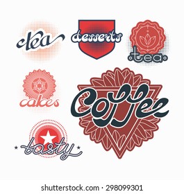 Hand drawn text labels for tea, coffee and sweets. Cakes and desserts emblems and design elements. Lettering menu decorations. 