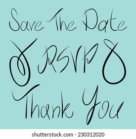 Hand drawn text lettering vector for wedding signage: thank you, rsvp, save the date