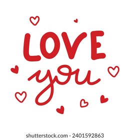 Hand drawn text Love you for Valentine's Day greeting card. Vector