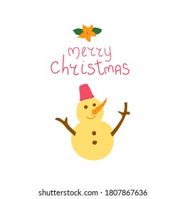 Hand drawn text Merry Christmas with cute snowman. Print for postcard, greeting card design.