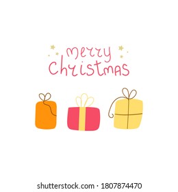 Hand drawn text Merry Christmas with gift boxes. Flat illustration for greeting card design.