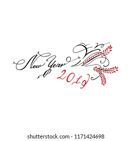 Hand drawn  text "New Year 2019"  isolated on white background.  Icon for  greeting card. Lettering celebration logo. 