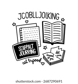 Hand- Drawn Text and Objects Related to Writing on White Background abstract book