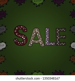 Hand Drawn Text on Bright Colorful Background. Summer Sale Banner Design. Vector Advertising Illustration on green, black and brown colors. Seamless pattern.