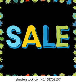 Hand Drawn Text on Bright Colorful Background. Summer Sale Banner Design. Vector Advertising Illustration on green, black and blue colors. Seamless pattern.