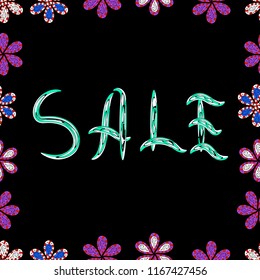 Hand Drawn Text on cute Background. Seamless. Hot Summer Sale Banner Design. Vector Advertising pictures in black, white and violet colors.