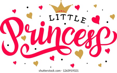 Hand drawn text "Princes".  With illustrations of crown and hearts. Lettering design. Pink and gold colors.