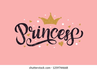 Hand drawn text "Princes". Pink background with illustrations of crown and hearts. Lettering design. Pen drawn effect.