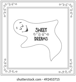 Hand drawn text sweet dreams with sleep ghost.