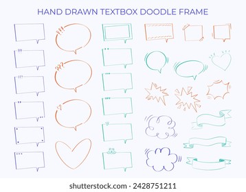 Hand drawn textbox doodle frame set. Rectangle, square, circle, oval, heart, cloud, explosion, ribbon shape pen line scribble element. Vector illustration.