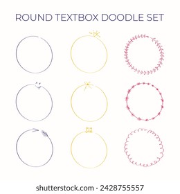 Hand drawn textbox doodle frame set. Round shape pen line scribble element. Vector illustration of circles with decoration elements - leaves, flowers, crown, smile, bear and more.