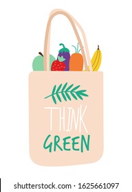 Hand drawn textile reusable shopping bag, environmentally friendly eco shopper with free hand lettering Think Green with modern funky font, vector illustration.