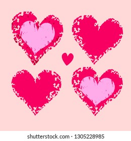 Hand drawn textural hearts on an isolated pink background. For valentines day and your other design.
