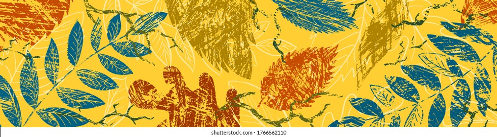 Hand drawn texture background with autumn leaves. Vector grunge modern textured brush stroke, doodle, scribbled. Abstract natural elements. Plant print. Sketch banner, template, card