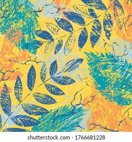 Hand drawn texture background with autumn leaves. Abstract natural elements. Plant print. Sketch banner, template, card. Vector grunge modern textured brush stroke, doodle, scribbled.