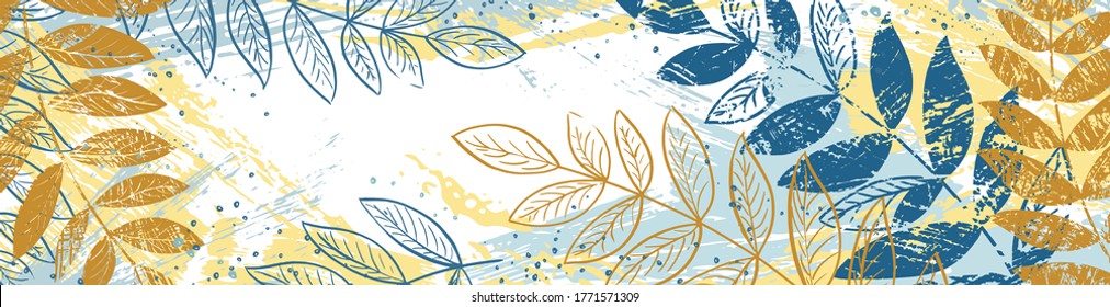 Hand drawn texture background with autumn leaves. Abstract natural elements. Plant print. Sketch banner, template, card. Vector grunge modern textured brush stroke, doodle, scribbled