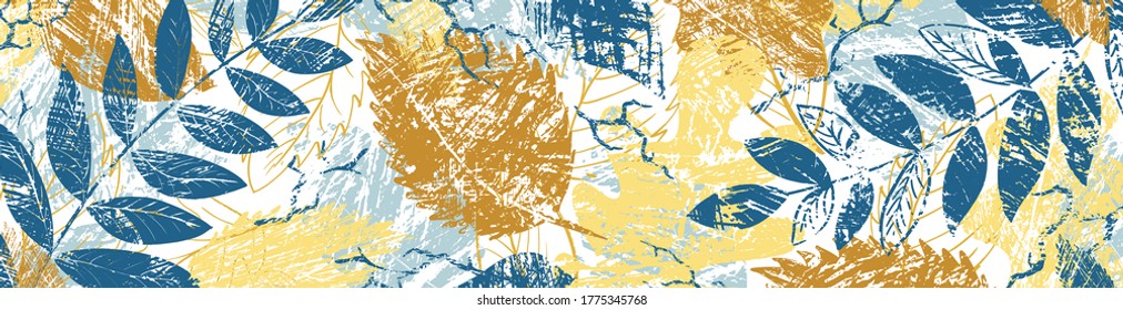 Hand drawn texture background with autumn leaves. Abstract natural elements. Plant print. Sketch banner, template, card. Vector grunge modern textured brush stroke, doodle, scribbled