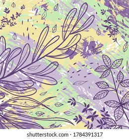 Hand drawn texture background with leaves. Abstract natural elements. Plant print. Sketch banner, template, card. Vector grunge modern textured brush stroke, doodle, scribbled.
