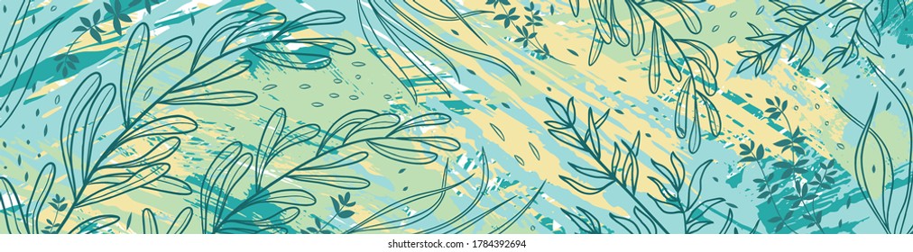 Handgezeichnet strukturierter Hintergrund mit Blättern und Pflanzen. Abstrakte natürliche Elemente. Pflanzendruck. Sketch-Banner, Vorlage, Karte. Vektor grunge moderne strukturierte Pinselstrich, doodle, gezackt.