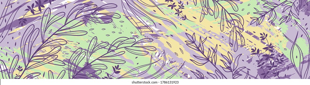 Hand drawn texture background with leaves and plants. Abstract natural elements. Plant print. Sketch banner, template, card. Vector grunge modern textured brush stroke, doodle, scribbled.
