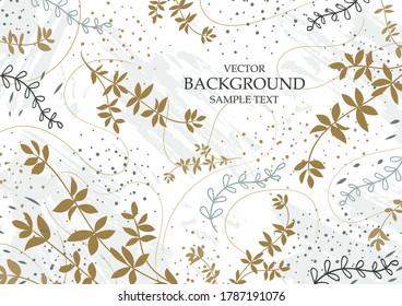 Fondo de textura dibujado a mano con hojas y plantas. Resumen de elementos naturales. Planta impresa. Cartel de esbozo, plantilla, tarjeta. Vector grunge pincel moderno texturizado, doodle, garabato
