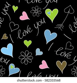 Hand drawn texture in blue, pink and green colors on black background. Vector seamless pattern. Valentines day hearts, I love you text and flower.
