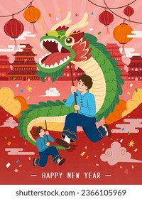 Hand drawn texture Chinese New Year poster. People performing dragon dance on background with traditional buildings, lanterns, confetti and oriental style clouds.