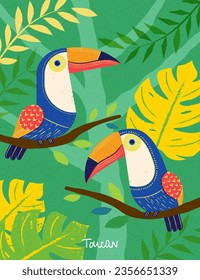 Hand drawn texture colorful toucan resting on branches on abstract style tropical forest background with monstera and fern leaves.