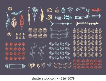 Hand drawn texture and elements. Vector set of decorative arrows, feathers, floral objects, lines, geometric symbols, waves, dividers and border. Different vintage objects for use in design.