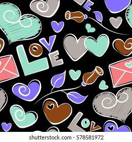 Hand drawn texture in gray, violet and pink colors on black background. Vector seamless pattern. Valentines day hearts, love text, love letter and flower.