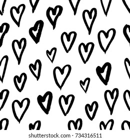 Hand drawn texture. Hearts, brush strokes, seamless pattern made with ink. Artistic fabric pattern. Valentine's day background