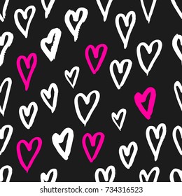 Hand drawn texture. Hearts, brush strokes, seamless pattern made with ink. Artistic fabric pattern. Valentine's day background