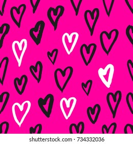 Hand drawn texture. Hearts, brush strokes, seamless pattern made with ink. Artistic fabric pattern. Valentine's day background
