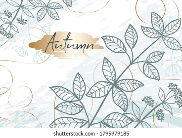 Textura dibujada a mano con rama de hojas y plantas. Resumen de elementos naturales en estilo doodle moderno para las vacaciones. Banner vectorial moderno y moderno de moda, fondo, plantilla, tarjeta de saludo.  