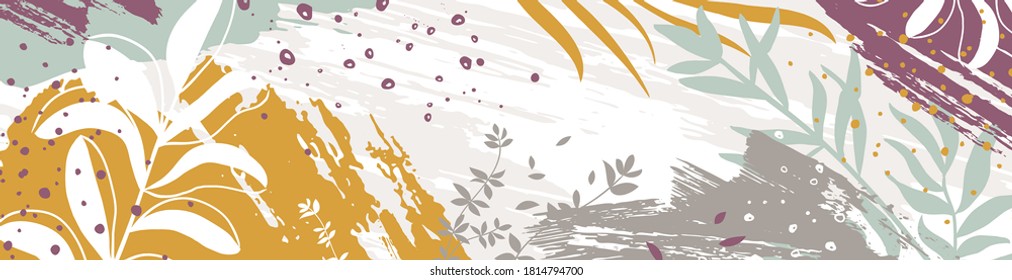 Textura dibujada a mano con rama de hojas y plantas. Resumen de elementos naturales en estilo doodle moderno para las vacaciones. Banner vectorial moderno y moderno de moda, fondo, plantilla, tarjeta de saludo, portada.