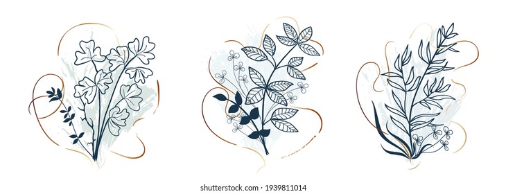 Hand drawn texture with leaves and plants. Abstract natural elements in trendy doodle style for holiday. Plant print. Contemporary modern trendy vector design for greeting card, invitation, background