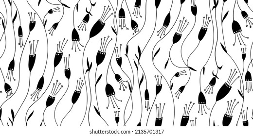 Hand drawn texture seamless pattern. Creative monochrome vector endless background. Freehand drawn abstract flowers and leaves.