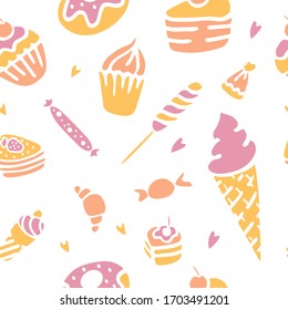 Textura dibujada a mano. Dulces y postres. Impresión, tela, envoltura
