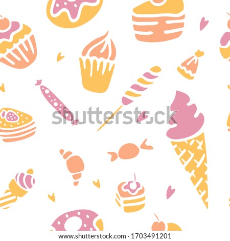 Hand drawn texture. Sweets and desserts. Print, fabric, wrapping