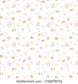 Hand drawn texture, template. seamless pattern with doodle elements on white background. Coloured Cute Vector of points, strokes, ornament in pastel colours.