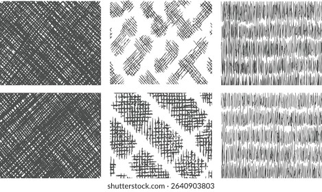 Hand drawn texture vector patterns featuring various hatching and crosshatching techniques in black and white for creative design projects