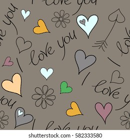 Hand drawn texture in yellow and gray colors. Vector seamless pattern. Valentines day hearts, flower (chamomile), I love you text.