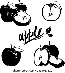 Hand drawn textured apple fruit vector set monotone