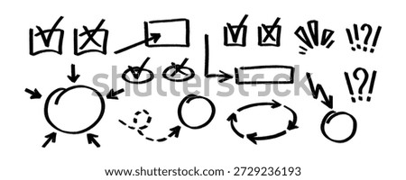 Hand drawn textured black exam marks set. Chalk or crayon style ticks, crosses, arrows, and circles for school, education grading, and teacher feedback. Exam grade textured marks.