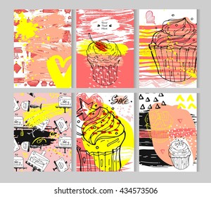 Hand drawn textured card set.Vector colored collection of artistic bakery cupcake cards.Hand Drawn textures for bakery shop,sweet store,cake shop sale,bakery logo element and bakery sign
